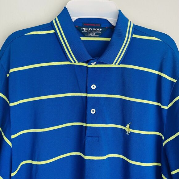 Ralph Lauren Polo Golf Performance Shirt Large Blue Yellow Stripe Pima Cotton - Picture 1 of 12